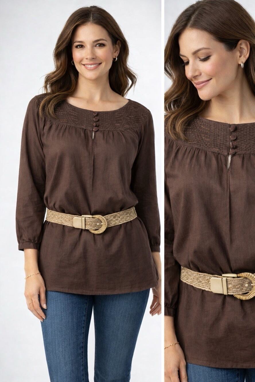 Lauren Ralph Lauren Women's Brown Cotton Belted Tunic Top Casual Sz L EUC